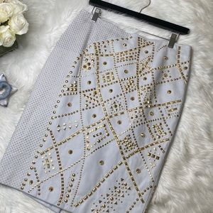 Versace Leather MIDI Skirt Runway Edition Oyster Color Gold Embellishment